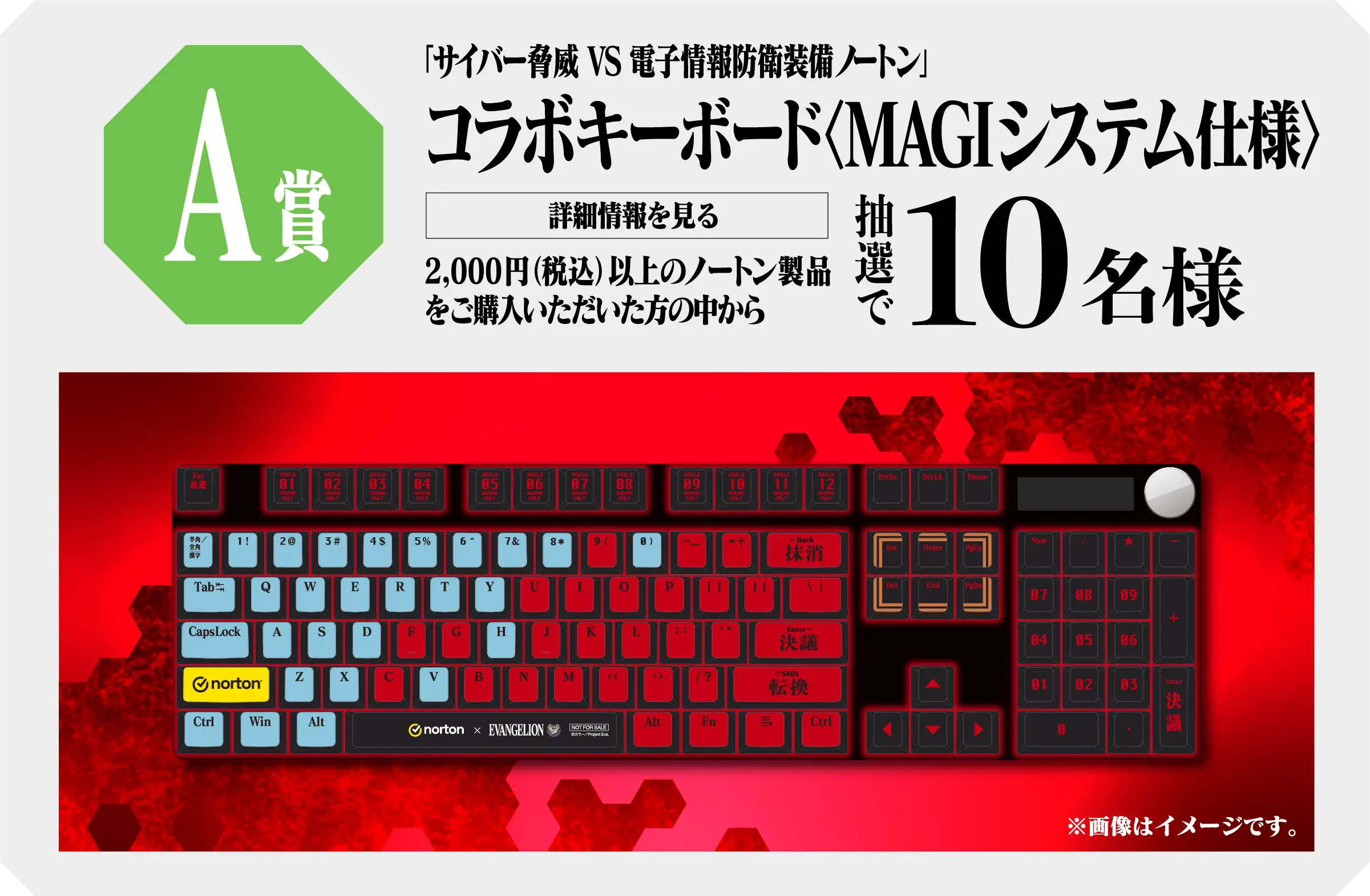 A賞「サイバー脅威 VS 電子情報防衛装備ノートン」コラボキーボード〈MAGI仕様〉2,000円（税込）以上のノートン製品をご購入いただいた方の中から抽選で10名様 詳細情報を見る